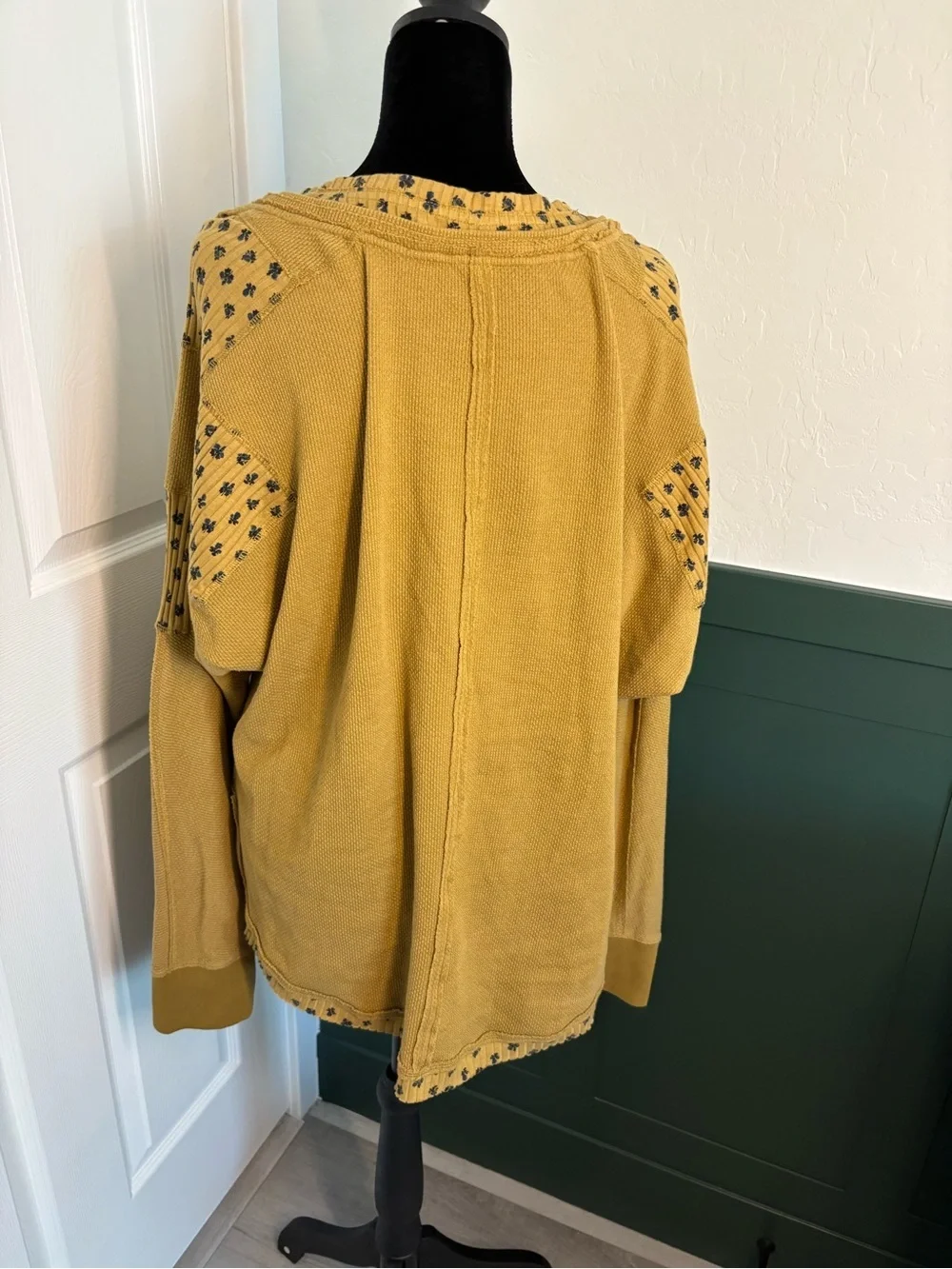 Free People Mustard Thermal Henley Top Floral Trim Oversized XL